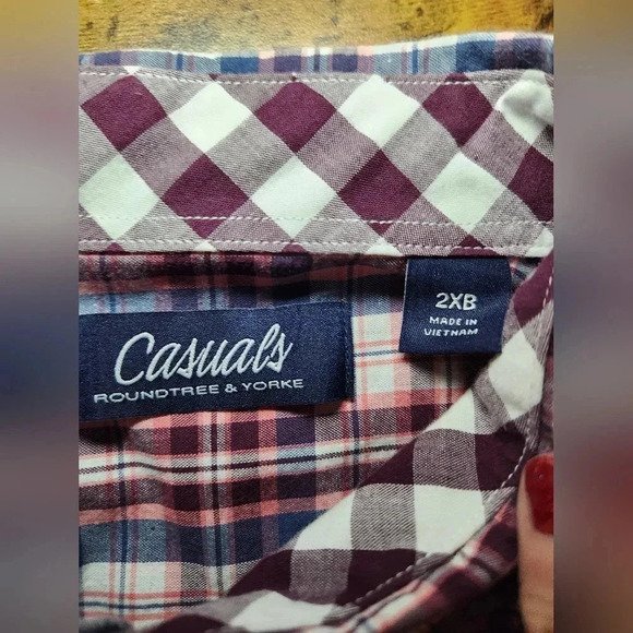 Men's Big & Tall Roundtree & Yorke Casuals Button Long Sleeve Shirt 2X Red Plaid - Picture 9 of 9